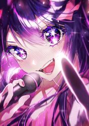 Rule 34 | + +, 1girl, absurdres, blurry edges, blush, close-up, fingernails, hair between eyes, highres, holding, holding microphone, hoshino ai (oshi no ko), microphone, neon palette, nose blush, open mouth, oshi no ko, pink nails, pink shirt, pointing, pointing at viewer, purple eyes, purple hair, shirt, smile, sparkle, sparkling eyes, sweat, sweatdrop, symbol-shaped pupils, vvpxo