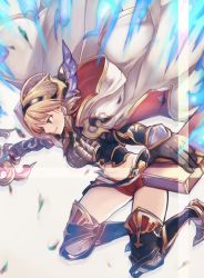 Rule 34 | 1girl, armor, blonde hair, breasts, cloak, conqueror of the eternals, djeeta (granblue fantasy), ear piercing, facing to the side, gauntlets, granblue fantasy, greaves, napoli-tan (deuil), piercing, red shorts, short shorts, shorts, shoulder armor, smile, solo, white cloak