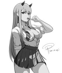 Rule 34 | 1girl, arm behind back, artist name, breasts, candy, cleavage, darling in the franxx, food, highres, horns, large breasts, legs, licking, long hair, looking at viewer, monochrome, naughty face, necktie, open clothes, school uniform, skirt, thighs, tongue, tongue out, unbuttoned, unbuttoned shirt, zero two (darling in the franxx)