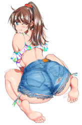 Rule 34 | 1girl, ;q, absurdres, ass, back, barefoot, bikini, blue eyes, blush, breasts, brown hair, denim, denim shorts, highres, huge ass, large breasts, long hair, looking at viewer, looking back, nekoguchi, one eye closed, original, ponytail, shorts, sideboob, simple background, sitting, smile, solo, swimsuit, tongue, tongue out, torn clothes, torn shorts, wariza, wet, white background