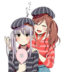 Rule 34 | 2girls, :d, ^ ^, alternate hairstyle, bang dream!, beret, black hat, black shirt, blush, brown hair, closed eyes, hand in another&#039;s hair, hand mirror, hand on another&#039;s shoulder, hat, holding, holding mirror, imai lisa, long sleeves, minato yukina, mirror, multiple girls, murata (igaratara), open mouth, purple hair, purple neckwear, red neckwear, red shirt, shirt, side ponytail, sidelocks, simple background, smile, striped clothes, striped headwear, striped shirt, translation request, upper body, white background, yellow eyes
