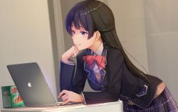 Rule 34 | 1girl, akasaai, apple inc., bent over, black hair, black jacket, blue eyes, bow, bowtie, braid, breasts, commentary, computer, grey skirt, hair ornament, hairclip, indoors, jacket, laptop, light switch, long hair, long sleeves, looking at screen, medium breasts, nijisanji, plaid, plaid skirt, pleated skirt, red bow, red bowtie, school uniform, screen light, shirt, skirt, smile, solo, sweater, top-load washing machine, tsukino mito, tsukino mito (1st costume), virtual youtuber, washing machine, white shirt