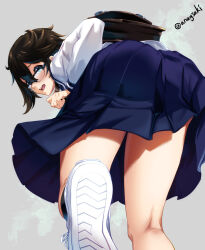 Rule 34 | 1girl, aona (anagasaki), ass, black hair, blue eyes, blush, commentary request, glasses, grey background, highres, looking at viewer, looking back, momijiyama teru, open mouth, school uniform, short hair, shy (series), signature, simple background, smile, solo