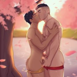 Rule 34 | 2boys, abs, ass, bara, black hair, commission, david king (dead by daylight), day, dead by daylight, erection, closed eyes, falling petals, handjob, highres, ibarakidoujin, jake park, kiss, large pectorals, male focus, male underwear, male underwear pull, multiple boys, muscular, muscular male, navel, neck tattoo, nipples, nude, outdoors, pectorals, penis, petals, red male underwear, scar, scar across eye, scar on face, short hair, sunset, tattoo, thick thighs, thighs, tree, undercut, underwear, yaoi, yellow male underwear