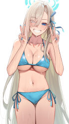 Rule 34 | 1girl, absurdres, alternate costume, aqua bikini, asuna (blue archive), asymmetrical bangs, bikini, blue archive, blue eyes, blush, breasts, cameltoe, cleavage, cleft of venus, collarbone, commentary, double v, english commentary, fingernails, grin, hair over one eye, halo, harui (huruyi 817), highres, large breasts, light brown hair, long bangs, long hair, looking at viewer, nail polish, navel, side-tie bikini bottom, simple background, smile, solo, stomach, straight hair, string bikini, swimsuit, v, very long hair, white background