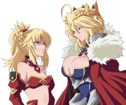 Rule 34 | 2girls, ahoge, artoria pendragon (fate), artoria pendragon (lancer) (fate), bare shoulders, blonde hair, braid, breasts, cleavage, collarbone, commentary request, crown, detached sleeves, fate/grand order, fate (series), french braid, fujitaka nasu, green eyes, hair between eyes, hair ornament, hair scrunchie, large breasts, long hair, mature female, mordred (fate), mordred (fate/apocrypha), mother and daughter, multiple girls, parted bangs, ponytail, red scrunchie, red sleeves, scrunchie, sidelocks, simple background, small breasts, white background
