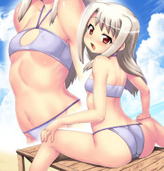Rule 34 | 1girl, ass, bikini, blue sky, blush, breasts, cleavage, covered erect nipples, day, fang, fate/stay night, fate (series), from behind, hase yu, illyasviel von einzbern, long hair, looking at viewer, looking back, multiple views, navel, open mouth, purple bikini, red eyes, shiny skin, silver hair, sitting, sky, small breasts, spread legs, swimsuit, underboob