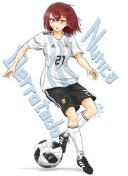 Rule 34 | 1girl, 2018 fifa world cup, absurdres, adidas, ahoge, argentina, argentinian flag, argentinian flag print, ball, black shorts, brown eyes, brown hair, collarbone, commentary, commentary request, dear muyu, flag print, full body, highres, looking down, open mouth, original, playing sports, running, shirt, shoes, short hair, shorts, sneakers, soccer, soccer ball, soccer uniform, solo, spanish text, sportswear, striped clothes, striped shirt, telstar 18, vertical-striped clothes, vertical-striped shirt, white background, white legwear, world cup