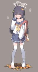 Rule 34 | 1girl, absurdres, backpack, bag, bag charm, black hair, blue archive, blue sailor collar, blue skirt, blunt bangs, blush, charm (object), commentary request, crying, full body, grey background, halo, highres, leaf, leaf on head, legs, long hair, long sleeves, looking at viewer, miyu (blue archive), neckerchief, no shoes, off shoulder, pantyhose, pekenpon, pleated skirt, randoseru, red eyes, sailor collar, school uniform, serafuku, shoes, simple background, single shoe, skirt, solo, standing, tears, toes, torn clothes, torn pantyhose, trembling, white footwear, wiping tears, yellow neckerchief