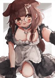 Rule 34 | 1girl, absurdres, alternate costume, animal ears, apron, arm support, bespectacled, black gloves, black skirt, blunt bangs, blush, bone hair ornament, breasts, brown eyes, brown hair, choker, cleavage, dog ears, dog girl, dog tail, double-parted bangs, enmaided, extra ears, frilled choker, frills, glasses, gloves, hair ornament, hair over shoulder, hairclip, highres, hololive, inugami korone, kneeling, large breasts, long hair, long skirt, looking at viewer, maid, official alternate hairstyle, open mouth, paw pendant, puffy short sleeves, puffy sleeves, round eyewear, short sleeves, skirt, skirt set, solo, tail, virtual youtuber, waist apron, whcamellia00, white apron