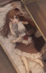 Rule 34 | 1girl, absurdres, black dress, black footwear, blue eyes, box, brown hair, doll joints, dress, fang, hair between eyes, highres, in box, in container, joints, long hair, looking at viewer, lying, monakocoa, on side, one eye closed, open mouth, original, solo, tagme, white sleeves
