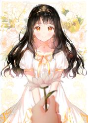 Rule 34 | 1girl, absurdres, bad e-hentai id, bad id, black hair, blurry, blurry foreground, blush, bow, bow earrings, choker, closed mouth, collarbone, daisy, dress, earrings, flower, gomzi, highres, holding, holding flower, jewelry, long hair, looking at viewer, orange choker, orange eyes, original, pink hair, puffy short sleeves, puffy sleeves, ribbon, rose, scan, short sleeves, smile, solo focus, tareme, tiara, two side up, upper body, white dress
