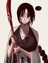Rule 34 | ..., 1girl, 50x48x48, ?, absurdres, black hair, bleach, blood, blood on breasts, blood on clothes, blood on face, bloody weapon, breasts, brown eyes, closed mouth, empty eyes, glasses, highres, holding, holding weapon, japanese clothes, katori batsuunsai, kimono, large breasts, long hair, looking at viewer, round eyewear, sash, solo, spoken ellipsis, upper body, weapon, wide sleeves