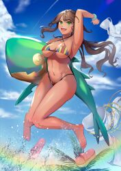 Rule 34 | 1girl, andromeda (fate), andromeda (second ascension) (fate), bandeau, bare shoulders, barefoot, beach, bikini, bikini under clothes, blue sky, blush, bracelet, braid, breasts, brown hair, cetus (fate), chain, cleavage, criss-cross halter, cross-laced clothes, crown braid, dark-skinned female, dark skin, denim, fate/grand order, fate (series), full body, green eyes, grey pants, halterneck, highleg, highleg bikini, highres, inflatable toy, jeans, jewelry, large breasts, long hair, looking at viewer, low ponytail, multicolored bikini, multicolored clothes, nakaga eri, navel, open mouth, pants, rainbow bikini, sandals, sidelocks, sky, smile, solo, swimsuit, unworn pants