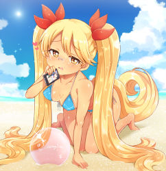 Rule 34 | 10s, 2girls, all fours, ball, barefoot, beach, beachball, bikini, blonde hair, blue bikini, blush, breasts, cellphone, cleavage, cloud, covered erect nipples, cyan (show by rock!!), day, dog tail, drooling, front-tie bikini top, front-tie top, glasses, heart, highres, holding, kamiya zuzu, long hair, looking at viewer, multiple girls, ocean, on ground, open mouth, outdoors, parted bangs, phone, raised eyebrows, retoree (show by rock!!), sabd, saliva, sand, show by rock!!, side-tie bikini bottom, sky, smartphone, solo focus, sparkle, string bikini, swimsuit, tail, tan, thigh gap, transparent, twintails, very long hair, water, yellow eyes, yuri