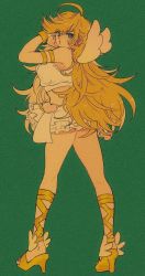 Rule 34 | 1girl, ahoge, angel wings, arm up, armlet, blonde hair, blue eyes, bracelet, bright pupils, commentary, earrings, eyes visible through hair, frills, from behind, full body, gold footwear, green background, hair between eyes, heart, high heels, highres, jewelry, legs apart, long hair, looking at viewer, looking back, midriff, miniskirt, nail polish, o3o, panty &amp; stocking with garterbelt, panty (psg), paper texture, pikurusu, skirt, sleeveless, solo, standing, toenail polish, toenails, winged footwear, wings