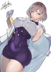 Rule 34 | 1girl, absurdres, adjusting clothes, bare shoulders, blue eyes, blush, bralines, breasts, corset, covered erect nipples, dated, gloves, gridman universe, hair between eyes, highres, jacket, large breasts, looking at viewer, mujina, purple corset, purple shorts, shiki (love-saber), shirt, short hair, shorts, signature, simple background, skindentation, sleeveless, sleeveless shirt, solo, ssss.dynazenon, thighs, underbust, white background, white gloves, white jacket