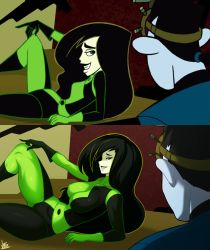 Rule 34 | 1boy, 1girl, absurdres, asymmetrical gloves, black bodysuit, black hair, black lips, blue skin, bodysuit, breasts, cleavage, colored skin, derivative work, dr. drakken, feet out of frame, gloves, green bodysuit, green skin, highres, jmg, kim possible (series), long hair, mismatched gloves, multicolored bodysuit, multicolored clothes, parted lips, profile, screenshot redraw, shego, skin tight, smile, solo focus