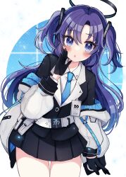 Rule 34 | 1girl, absurdres, belt, black gloves, black skirt, blazer, blue archive, blue necktie, blush, coat, collared shirt, commentary request, gloves, hair ornament, halo, highres, jacket, koya (0okoya), long hair, long sleeves, looking at viewer, necktie, open clothes, open coat, parted bangs, parted lips, pleated skirt, purple eyes, purple hair, school uniform, shirt, sidelocks, simple background, skirt, solo, two side up, whispering, white coat, yuuka (blue archive)