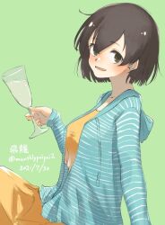 Rule 34 | 1girl, :d, alternate costume, bikini, blue sweater, blush, brown eyes, brown hair, character name, commentary, cup, dated, from side, green background, hiryuu (kancolle), holding, holding cup, kantai collection, looking at viewer, open mouth, short hair, simple background, sitting, smile, solo, striped clothes, striped sweater, sweater, swimsuit, twitter username, umibudou, yellow bikini