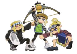 Rule 34 | 3girls, arm up, black footwear, black pants, black shirt, blonde hair, checkered clothes, checkered shirt, clenched hand, drawstring, fang, full body, goggles, goggles on head, green vest, hair bun, headband, highres, holding, holding weapon, hood, hooded sweater, humanlynn, inkling, inkling girl, inkling player character, long sleeves, multiple girls, nintendo, octoling, octoling girl, octoling player character, open mouth, pants, pointing, purple eyes, red eyes, shirt, simple background, splatoon (series), striped clothes, striped sweater, sweater, tentacle hair, vest, weapon, white background, white footwear