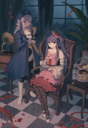 Rule 34 | 2girls, blue hair, boots, bow, bowtie, commentary, cup, dlanor a. knox, dress, drill hair, flower, frilled dress, frills, furudo erika, hashtag-only commentary, holding, holding cup, holding plate, indoors, layered dress, long hair, multiple girls, on chair, pink bow, pink bowtie, pink dress, plate, purple hair, rain, red dress, red flower, red ribbon, red rose, ribbon, rose, shapeshift (6cbr2d), sitting, tea, teacup, twin drills, umineko no naku koro ni, white footwear, window