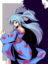 Rule 34 | 1girl, blue hair, blue kimono, female focus, japanese clothes, kimono, original, sashiromiya sasha, shadow, solo, tama home, touhou, yukata