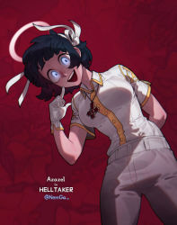 Rule 34 | 1girl, absurdres, angel, arm behind back, azazel (helltaker), black hair, blouse, blue eyes, character name, collared shirt, copyright name, cross, cross necklace, english text, gloves, hair ribbon, halo, hand on own face, helltaker, highres, jewelry, looking at viewer, necklace, nemga, open mouth, pants, red background, ribbon, shirt, short sleeves, smile, solo, white gloves, white pants, white shirt
