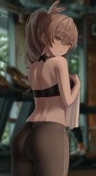 Rule 34 | 1girl, alternate costume, artist request, ass, back, bare shoulders, blurry, blurry background, breasts, brown hair, feather hair ornament, feathers, from behind, gym, hair between eyes, hair ornament, highres, holding, holding towel, hololive, hololive english, light brown hair, long hair, looking at viewer, looking back, midriff, momimi, nanashi mumei, pants, parted lips, ponytail, raised eyebrows, solo, sports bra, towel, treadmill, virtual youtuber, yellow eyes, yoga pants