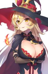 Rule 34 | 1girl, arms under breasts, black cape, black dress, black gloves, black hat, blonde hair, blush, breast hold, breasts, brown cape, brown eyes, brown sleeves, cape, cleavage, commentary request, crossed arms, detached sleeves, dress, fang, fang out, fire, gloves, hair between eyes, hat, highres, large breasts, long hair, long sleeves, looking away, looking to the side, multicolored cape, multicolored clothes, nijisanji, nui sociere, nui sociere (1st costume), omelet tomato, parted lips, partially fingerless gloves, revealing clothes, simple background, solo, torn clothes, torn hat, upper body, virtual youtuber, white background, witch, witch hat