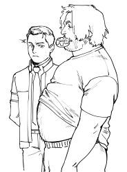 Rule 34 | 2boys, bara, beard stubble, big belly, blank stare, character request, clothes lift, connor (detroit), detroit: become human, doughnut, expressionless, facial hair, fat, fat man, food, food in mouth, from side, girl staring at guy&#039;s chest (meme), greyscale, hank anderson, highres, looking ahead, looking at stomach, looking down, male focus, mature male, meme, monochrome, multiple boys, navel hair, necktie, nore (boosuke), notice lines, pectorals, shirt, shirt lift, short hair, stubble, t-shirt, yaoi