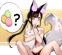 Rule 34 | 1girl, animal, animal ears, bad id, bad twitter id, bare legs, biting, black hair, black shorts, chinese clothes, commentary, dudou, ear biting, easter egg, egg, english commentary, facial mark, fang, flower, fox ears, fox girl, fox tail, highres, holding, holding animal, hu-er (robot cat), knees up, long hair, looking at animal, looking down, navel, orange eyes, original, purple flower, rabbit, robot cat (robotcatart), short shorts, shorts, sidelocks, sitting, solo, spread legs, stomach, tail, thick eyebrows, twintails, whisker markings