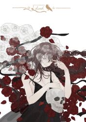 Rule 34 | 1girl, bare arms, bare shoulders, bity3155660241, black dress, braid, breasts, brown hair, chinese commentary, cleavage, closed eyes, closed mouth, collarbone, commentary request, cowboy shot, dress, english text, eyelashes, fingernails, floral print, flower, holding, holding skull, layered dress, long hair, low twin braids, lying, medium breasts, mole, mole under mouth, on back, original, petals, pink lips, red flower, red rose, rose, rose petals, see-through, see-through veil, simple background, skull, sleeveless, sleeveless dress, smile, solo, spaghetti strap, twin braids, veil, very long hair, white background