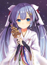Rule 34 | 1girl, beamed quavers, bell, blue eyes, blue hair, blush, closed mouth, fortissimo, hair ornament, hair ribbon, hatsune miku, highres, hisui (sigurehisui), holding, japanese clothes, jingle bell, kimono, layered sleeves, long hair, long sleeves, looking at viewer, musical note, musical note hair ornament, nose blush, print kimono, red ribbon, ribbon, sleeves past wrists, smile, snowflake print, snowing, solo, twintails, two-handed, upper body, very long hair, vocaloid, white kimono, white ribbon, wide sleeves, yuki miku