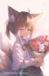Rule 34 | 1girl, ahoge, animal ears, arknights, blonde hair, bouquet, chinese commentary, closed mouth, colored tips, commentary request, cross-laced clothes, cross-laced skirt, flower, fox ears, fox girl, fox tail, green eyes, green skirt, happy birthday, highres, holding, holding bouquet, kitsune, kyuubi, long sleeves, looking at viewer, multicolored hair, multiple tails, neck ribbon, one eye closed, qingye tuanzi, red ribbon, ribbon, shirt, short hair, skirt, solo, suzuran (arknights), tail, twintails, two-tone hair, upper body, white hair, white shirt
