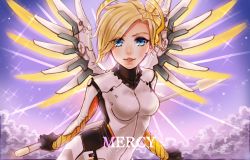 Rule 34 | 1girl, aoi futaba (aoi2taba), blonde hair, blue eyes, bodysuit, breasts, character name, cloud, glowing, glowing wings, halo, high ponytail, highres, holding, holding staff, leaning forward, lips, long hair, looking at viewer, mechanical halo, mechanical wings, medium breasts, mercy (overwatch), open mouth, overwatch, overwatch 1, ponytail, smile, solo, sparkle, spread wings, staff, upper body, wings, yellow wings