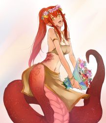 Rule 34 | 10s, 1girl, blush, bouquet, breasts, cleavage, drawfag, fangs, flower, full-face blush, hair flower, hair ornament, highres, lamia, large breasts, long hair, midriff, miia (monster musume), monster girl, monster musume no iru nichijou, navel, open mouth, pointy ears, ponytail, red hair, scales, smile, snake tail, solo, tabard, tail, very long hair, yellow eyes