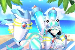 Rule 34 | 1girl, beach, blue eyes, breasts, cleavage, highres, ico (megaman x dive), legs up, mega man (series), mega man x (series), mega man x dive, robarts hallway, solo, swimsuit, tagme, water