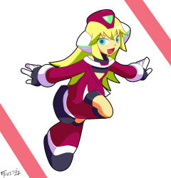 Rule 34 | 1girl, bike shorts, blonde hair, boots, call (mighty no. 9), dress, gloves, green eyes, hat, knee boots, mighty no. 9, open mouth, outstretched arms, robot, robot ears, running, shorts under dress, shorts under skirt, shoutaro saito, smile, solo