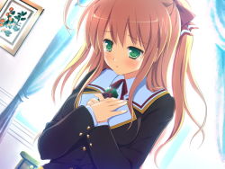 Rule 34 | 1girl, ahoge, blush, breasts, brown hair, clothes, curtains, eyebrows, female focus, green eyes, hands on own chest, indoors, long hair, nimura yuushi, osananajimi wa daitouryou, ouhama yukino, painting (object), ribbon, sad, school uniform, solo, tears, upper body