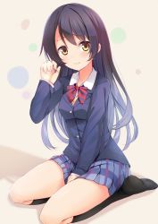 Rule 34 | 1girl, arm up, between legs, black socks, blazer, blue hair, blush, bow, bowtie, closed mouth, commentary request, full body, hair between eyes, hand between legs, hand in own hair, jacket, kneehighs, komone ushio, long hair, long sleeves, looking at viewer, love live!, love live! school idol project, no shoes, otonokizaka school uniform, plaid, plaid skirt, pleated skirt, red bow, red bowtie, school uniform, seiza, simple background, sitting, skirt, smile, socks, solo, sonoda umi, striped bow, striped bowtie, striped clothes, striped neckwear, yellow eyes