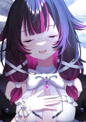 Rule 34 | 1girl, absurdres, angel wings, bare shoulders, blunt bangs, bow, closed eyes, columbina (genshin impact), eye mask, frills, fur trim, genshin impact, hair ornament, hand on own chest, highres, mochi mochi052, multicolored hair, open mouth, pink hair, sidelocks, smile, solo, two-tone hair, upper body, white bow, wings, x hair ornament