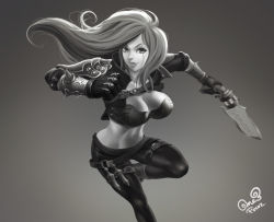 Rule 34 | 1girl, armor, bad id, bad pixiv id, belt, breasts, gloves, greyscale, gunblade, hextech gunblade, katarina (league of legends), large breasts, league of legends, long hair, looking at viewer, midriff, monochrome, one3four!, scar, shoulder pads, signature, skin tight, solo, strap, vambraces, weapon