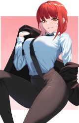 Rule 34 | 1girl, black jacket, black necktie, black pants, breasts, caligoyaro, chainsaw man, collared shirt, formal, highres, jacket, large breasts, looking at viewer, makima (chainsaw man), necktie, pants, ringed eyes, shirt, shirt tucked in, smile, solo, suit, suit jacket, undressing, white shirt, yellow eyes