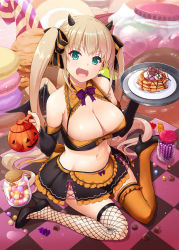 Rule 34 | 1girl, apron, asymmetrical legwear, bare shoulders, black shirt, black skirt, blonde hair, blush, bow, bowtie, breasts, candy, candy cane, chocolate, cleavage, commentary request, crop top, demon wings, fangs, fishnet thighhighs, fishnets, food, frilled skirt, frills, green eyes, hair bow, halloween, halloween costume, high heels, holding, holding tray, horns, jack-o&#039;-lantern, jar, large breasts, long hair, looking at viewer, macaron, maid, maid apron, nakajima yuka, navel, open mouth, orange thighhighs, original, paid reward available, pancake, pancake stack, photoshop (medium), plate, pumpkin, purple bow, purple bowtie, ribbon, shirt, shoes, sitting, skirt, smile, solo, syrup, teapot, thighhighs, tray, twintails, uneven legwear, very long hair, wariza, wings