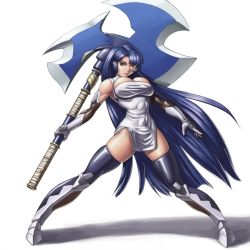 Rule 34 | 00s, 1girl, artist request, axe, black legwear, blue hair, breasts, female focus, large breasts, lilith-soft, looking at viewer, no bra, red eyes, shiny skin, simple background, solo, taimanin (series), taimanin asagi, weapon, yatsu murasaki