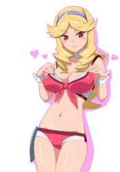 Rule 34 | 10s, 1girl, blonde hair, blush stickers, boobies uniform, breasts, caryo, choker, cleavage, front-tie top, hairband, honey (space dandy), large breasts, long hair, looking at viewer, midriff, nanashino, navel, red eyes, shadow, short shorts, shorts, simple background, smile, solo, space dandy, white background, wrist cuffs