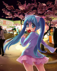 Rule 34 | 1girl, animal ears, bad id, bad pixiv id, blue hair, candy, candy apple, casual, cat ears, festival, food, hatsune miku, kobanzame, lollipop, looking back, smile, solo, twintails, vocaloid, whiskers, aged down