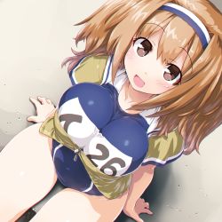Rule 34 | 1girl, blue one-piece swimsuit, blush, breasts, brown eyes, brown hair, brown jacket, collarbone, covered navel, dd (ijigendd), from above, headband, highres, i-26 (kancolle), jacket, kantai collection, large breasts, long hair, looking at viewer, looking up, new school swimsuit, one-piece swimsuit, open mouth, school swimsuit, sitting, solo, swimsuit, twintails, zipper