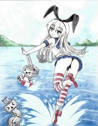 Rule 34 | &gt; &lt;, 10s, 1girl, :o, anchor, anchor hair ornament, ass, bare shoulders, blonde hair, closed eyes, colored pencil (medium), elbow gloves, from behind, gloves, grey eyes, hair ornament, highres, innertube, kantai collection, long hair, looking at viewer, looking back, miniskirt, motion lines, mountain, ocean, outstretched arms, pleated skirt, rensouhou-chan, robot, rudder footwear, sailor collar, school uniform, serafuku, shimakaze (kancolle), skirt, sleeveless, splashing, standing, standing on one leg, striped clothes, striped thighhighs, swim ring, thighhighs, thong, traditional media, water, waving arms, yozora takayama, zettai ryouiki